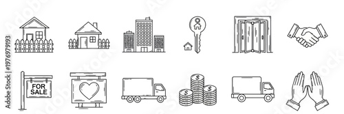 Assorted line icons for real estate, featuring houses, buildings, keys, money, and trucks, suitable for property and relocation themes.