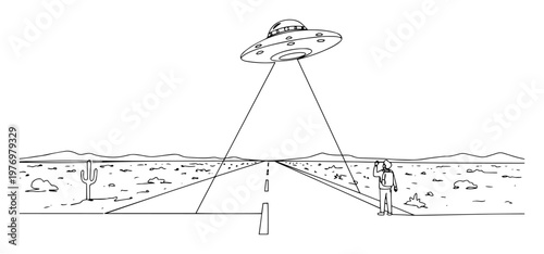 ufo abduction on desert road continuous one line drawing vector