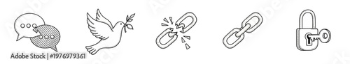 Hand drawn vector icons illustrating concepts of discussion, peace, breaking free, connection, and security, suitable for modern web and print media.
