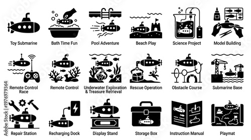 Collection of toy submarine icons depicting various play scenarios, including bath time, pool adventure, science projects, and rescue operations, ideal for kids education and entertainment.