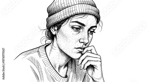 Black and white sketch of a thoughtful young person in a beanie with hand on chin, capturing deep contemplation, perfect for themes of introspection and reflection.