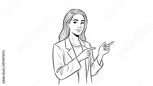 Confident young woman in blazer smiling and pointing with both hands, suitable for presentations, marketing, and explaining concepts.