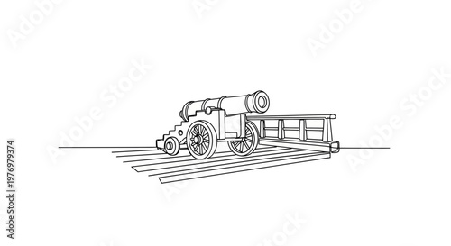 Historical cannon on a wheeled carriage with a wooden ramp, depicted in simple line drawing style for educational or military history graphic applications.