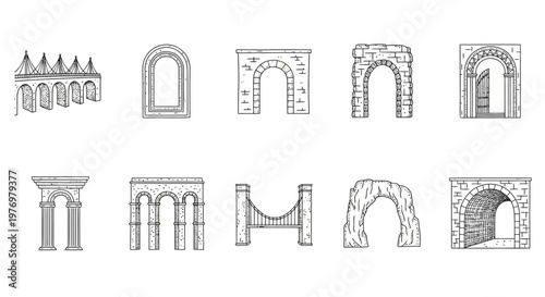 Various sketchstyle arch and bridge designs including ancient aqueducts stone tunnels and modern suspension bridges perfect for architectural and engineering presentations.