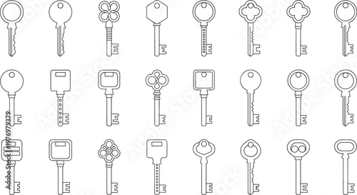 Comprehensive collection of thin line vector key icons featuring various shapes and styles for security, real estate, privacy concepts, and access control design projects.
