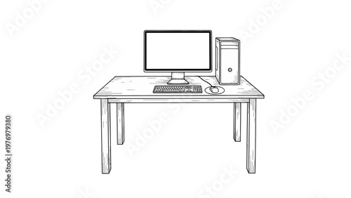 Sketch of a desktop computer setup with monitor, keyboard, mouse, and tower on a table, useful for educational or techthemed visuals.