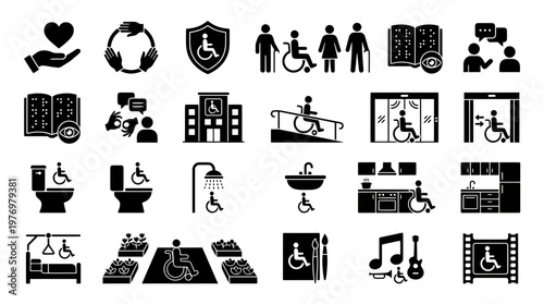 A comprehensive set of icons depicting accessibility for people with disabilities, covering public spaces, daily living, communication, and recreational activities.