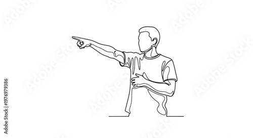 Single line illustration of a young man pointing, conveying direction, decision, or future path, ideal for modern graphic design and conceptual presentations.