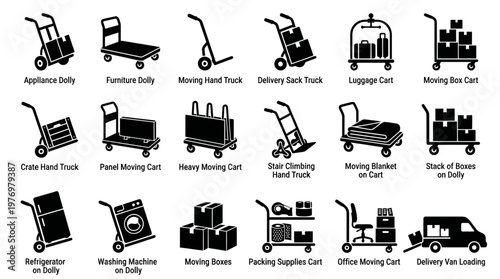 Vector icons of various moving equipment, dollies, hand trucks, and carts, perfect for logistics, relocation, transportation, and delivery service presentations or websites.