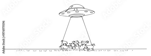 ufo abduction of cows in pasture monoline vector outline