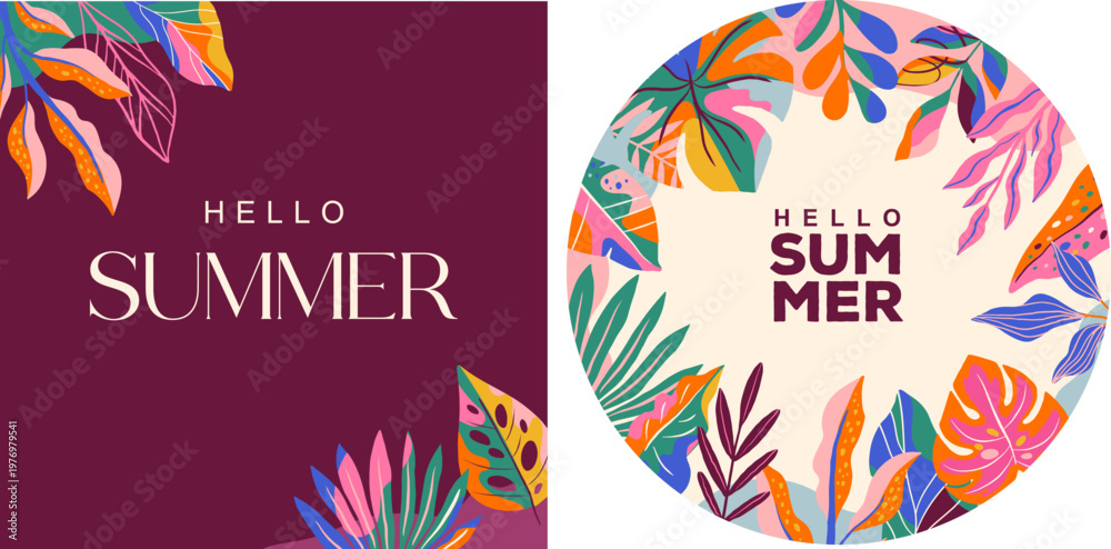 Naklejka premium Exotic Hello Summer square and round frame background with colorful jungle leaves. Modern tropical banner and poster vector template.
