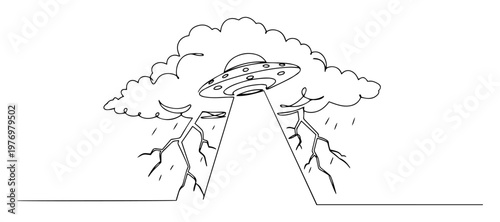 ufo abduction scene with clouds and beam sketch