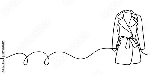Single continuous line drawing of an elegant coat with a belt, perfect for fashion, clothing, and apparelrelated projects.