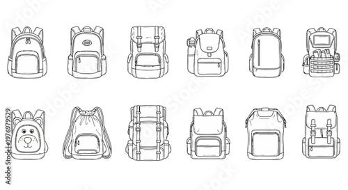 A comprehensive set of backpack line illustrations showcasing various styles, suitable for education, adventure, and fashionrelated projects.