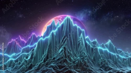 Vivid neon mountain landscape digital art creation virtual environment futuristic aesthetic high-definition view stunning visual experience