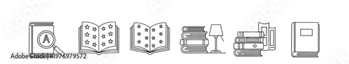 Set of outlined book icons including a dictionary with a magnifying glass, starfilled open books, stacked books with a lamp, and library collection for education or literary projects.