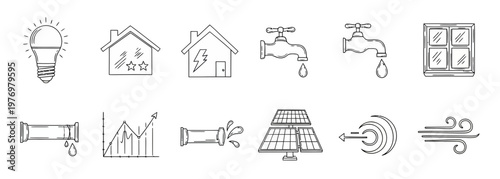 Set of doodle outline icons for energy saving, water conservation, and ecofriendly home management, useful for environmental campaigns and articles.
