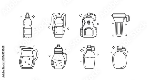 Line art icons of diverse hydration containers including water bottles, jugs, backpack with bottle, and canteen, ideal for promoting sports, outdoor adventures, or healthy refreshment.