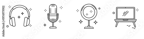 Collection of line icons for digital content creation. Features headphones, microphone, ring light, and laptop, ideal for streaming, podcasting, and online video production.