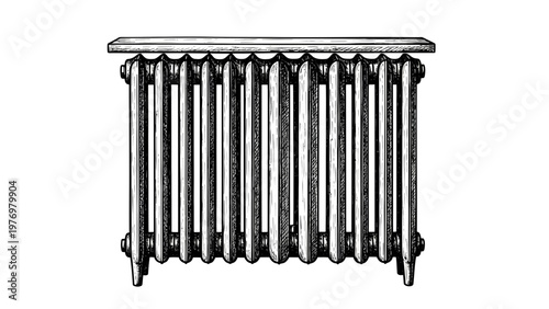 Detailed black and white sketch of a classic cast iron radiator with a wooden top, ideal for historical context and interior design projects.