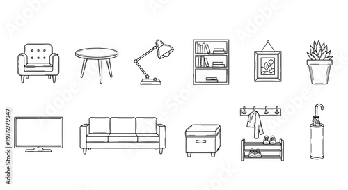 Set of black and white line icons featuring various home furniture and decor objects like sofa, armchair, table, TV, plant, and bookshelf, perfect for interior design.