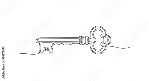 A minimalist continuous line drawing of a vintage key, symbolizing access, secrets, solutions, and success, perfect for conceptual designs and metaphors.