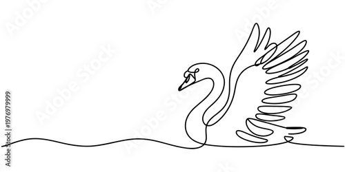 Elegant continuous line drawing of a swan, capturing its serene grace on water. Ideal for minimalist branding, web graphics, and sophisticated decor.