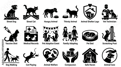 Set of animal welfare and pet care icons illustrating adoption, veterinary services, and compassion for domestic and stray animals, suitable for educational content and advocacy.