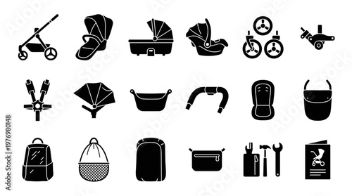 Essential baby stroller components and accessories icon collection for product assembly instructions, parenting content, or retail promotion.