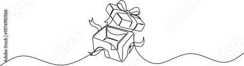 Continuous one line drawing of an open gift box with fluttering ribbons, minimalist celebration and surprise concept