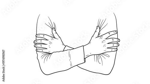 Line drawing of a person with arms crossed over their chest, illustrating selfcomfort, warmth, or emotional support. Ideal for health and wellness themes.