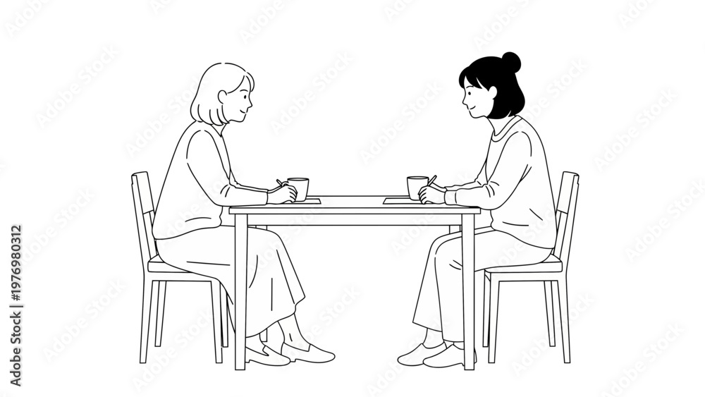 Fototapeta premium Two Asian women sitting at a table with drinks, engaged in conversation or working. Ideal for themes of friendship, collaboration, meeting, and social connection.