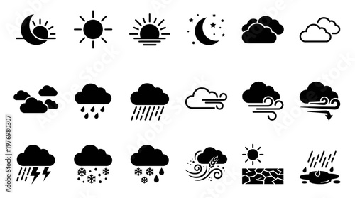 A comprehensive collection of weather forecast symbols, including sun, moon, clouds, various precipitation types, wind, thunderstorms, and climate conditions.