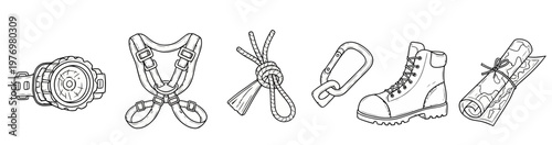 Line drawing collection of essential outdoor adventure equipment including compass watch, harness, rope, carabiner, boot, and map for exploration and safety.