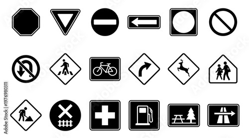 Comprehensive collection of black and white road signs for traffic regulation, hazard warnings, directional guidance, and informational purposes.