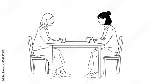 Two Asian women sitting at a table with drinks, engaged in conversation or working. Ideal for themes of friendship, collaboration, meeting, and social connection.
