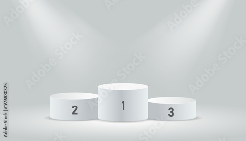 Illuminated three tier podium with numbered cylindrical platforms under spotlights representing ranking, achievement, and competition winners