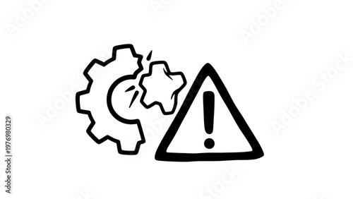 Handdrawn gears with a warning sign symbolize a system error or technical problem, ideal for icons or alerts indicating malfunction or required maintenance.
