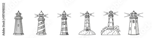 Hand drawn sketch collection of various lighthouses with beaming lights, ideal for maritime themes, navigation, travel, and coastal decor.