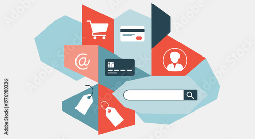 E-commerce icons, online shopping symbols, digital payment graphics, web store signs, 8 vector elements