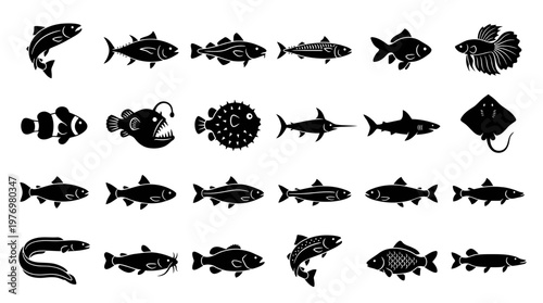 Diverse collection of various fish species and marine animals represented as black silhouettes. Ideal for educational content, graphic design, and aquaticthemed projects.
