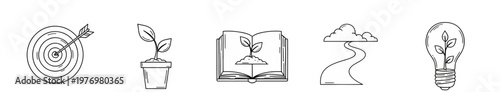 Handdrawn line icons symbolizing goals, growth, knowledge, path, and innovative ideas. Perfect for business, education, and personal development concepts.
