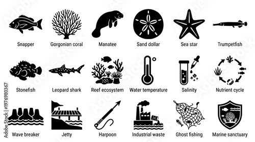 Set of marine and ocean icons featuring diverse sea creatures, environmental conditions, and conservation symbols for educational materials.