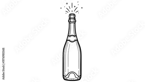 Simple black and white line drawing of a champagne bottle with a cork popping and celebratory sparkles, ideal for greeting designs and special occasion decorations.