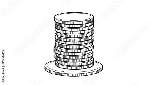 A monochrome outline sketch features a tall stack of coins, perfectly symbolizing financial concepts like savings, investment, and wealth accumulation for commercial and educational applications.