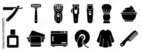 Diverse collection of essential barber shop and shaving tools, including razors, clippers, brushes, and accessories for grooming and hygiene.