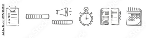 Doodle style vector set of icons representing various elements for task organization, time tracking, announcements, and scheduling.