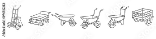 Diverse line drawing set showcasing hand trucks, garden wagons, and wheelbarrows, perfect for depicting transportation, construction, and gardening equipment in various projects.