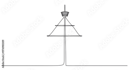 Minimalist continuous line drawing of a stylized ships mast and sails emerging from a horizon line, suitable for maritime, travel, or minimalist design projects.