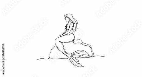 Minimalist continuous line art drawing depicting a graceful mermaid with flowing hair and a tail sitting on a rock, ideal for enchanting storybook designs.